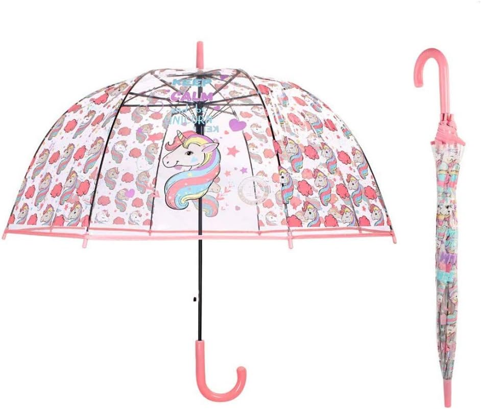 Lady of Luck Unicorn Transparent Stick Umbrella, Unicorn Kids Umbrella Bubble Dome Auto Open Umbrella Windproof for Outdoor Weddings Transparent Kids Umbrella （Pink）