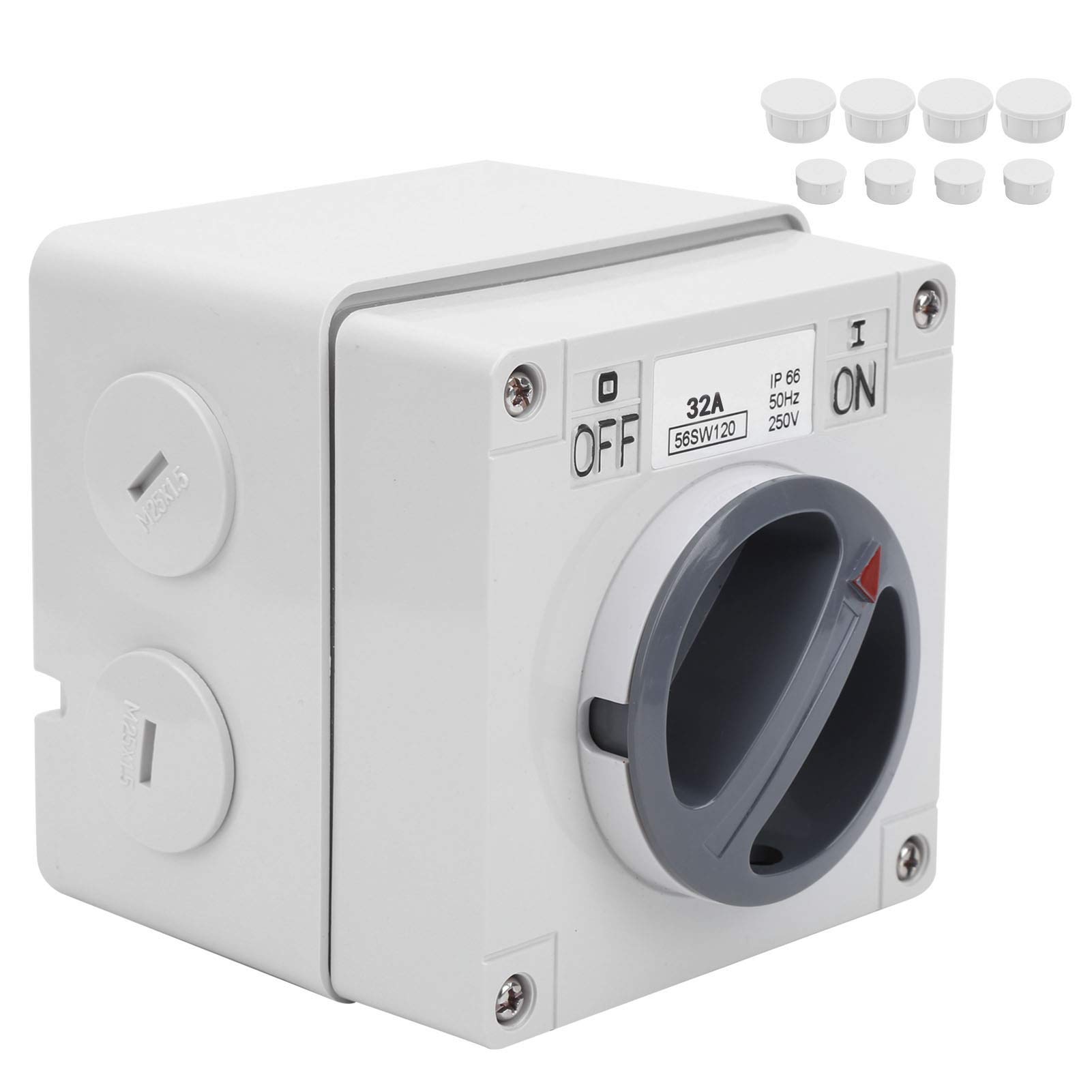 IP66 Waterproof Isolation Switch, 250V Outdoor Waterproof Switch Socket Rotary On‑Off Dustproof Isolation Buttons Indicators(1P 32A)