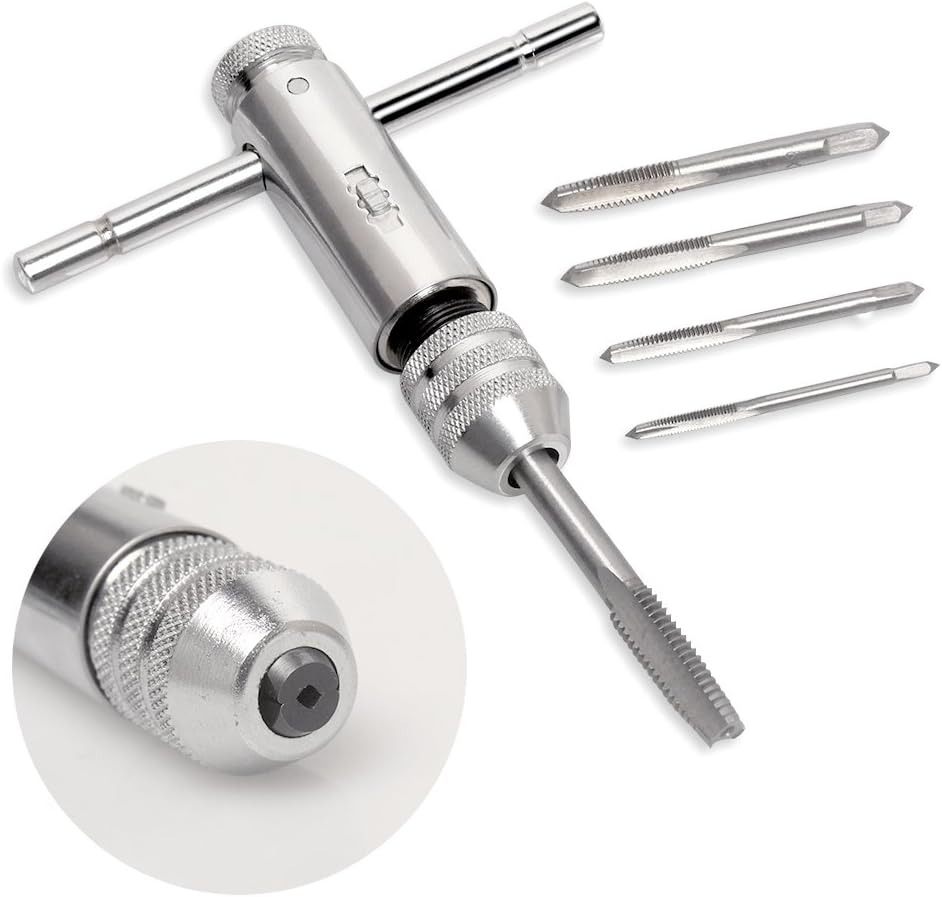 Kulannder T-Handle Ratchet Tap Holder Wrench Adjustable T Type One-Hand Ratchet Wrench Tapping Threading Tool Set including 3mm 4mm 5mm 6mm 8mm M3-M8 Machine Screw Thread HSS Metric Plug Tap - Image 3