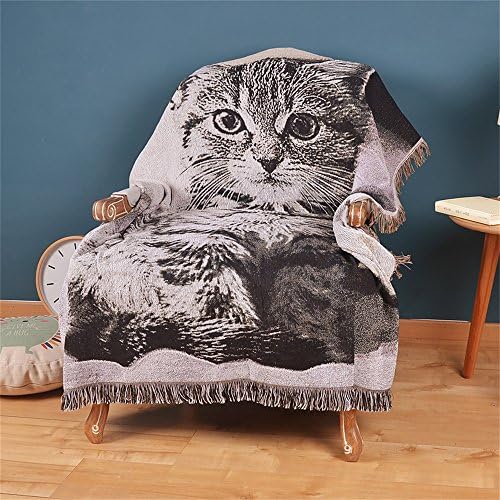 Decorative Luxury Cotton Woven Throw Blanket with Cat Black Grey for Sofa Armchair 50X60in