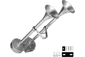 AOLIHAN 150db Boat Horn Deluxe: 12V Dual Horn Trumpet Upgrade - Polished Stainless Steel Marine Horns with Low & High Tones, Featuring Adjustable Horn Support（Upgraded Pair of Horns）