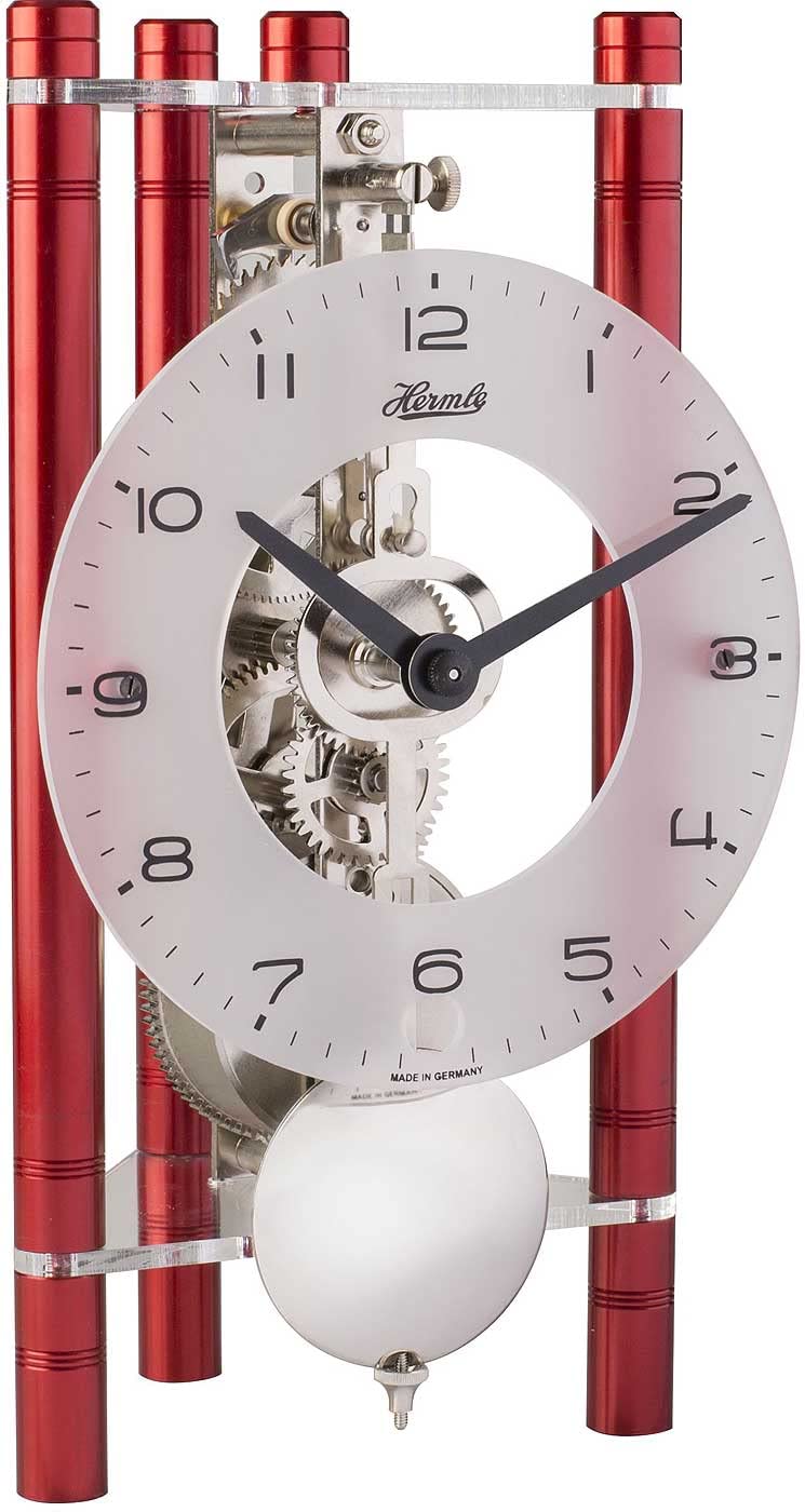 Hermle Skeleton Table Clock with Anodised Aluminium Columns - Triangle 23025-360721, Arabic Dial Glass, Red, Mechanism, Nickel-Plated, 19.5 cm x 11 cm x 9 cm