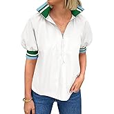 Tankaneo Womens Puff Sleeve Tops Blouse Color Block Half Zip V Neck Pullover Trendy Summer Casual Loose Fit Shirts