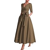 Half Sleeve Mother of The Bride Dresses for Women Tea Length Satin V Neck Formal Wedding Evening Gowns with Bow