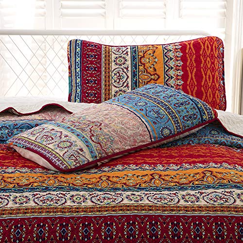 WONGS BEDDING Bohemian Quilt Set Queen, Boho Striped Pattern Printed Quilt Coverlet for All Season, Soft Microfiber Boho Bedspread 90x90 inches(3 Pieces, Colorful)