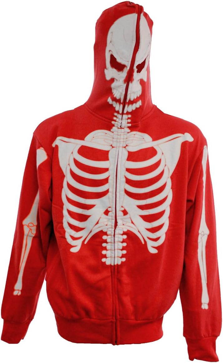 Full-Zip Up Glow in the Dark Red Skeleton Sweatshirt Hoodie Costume (Adult XX-Large)