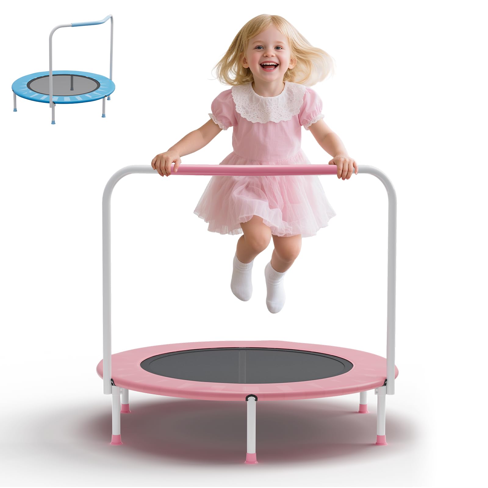 Photo 1 of 36" Mini Trampoline for Toddlers Ages 1–6 – Foldable Indoor/Outdoor Kids Rebounder with Foam Handle & Safety Padded Cover(Pink)