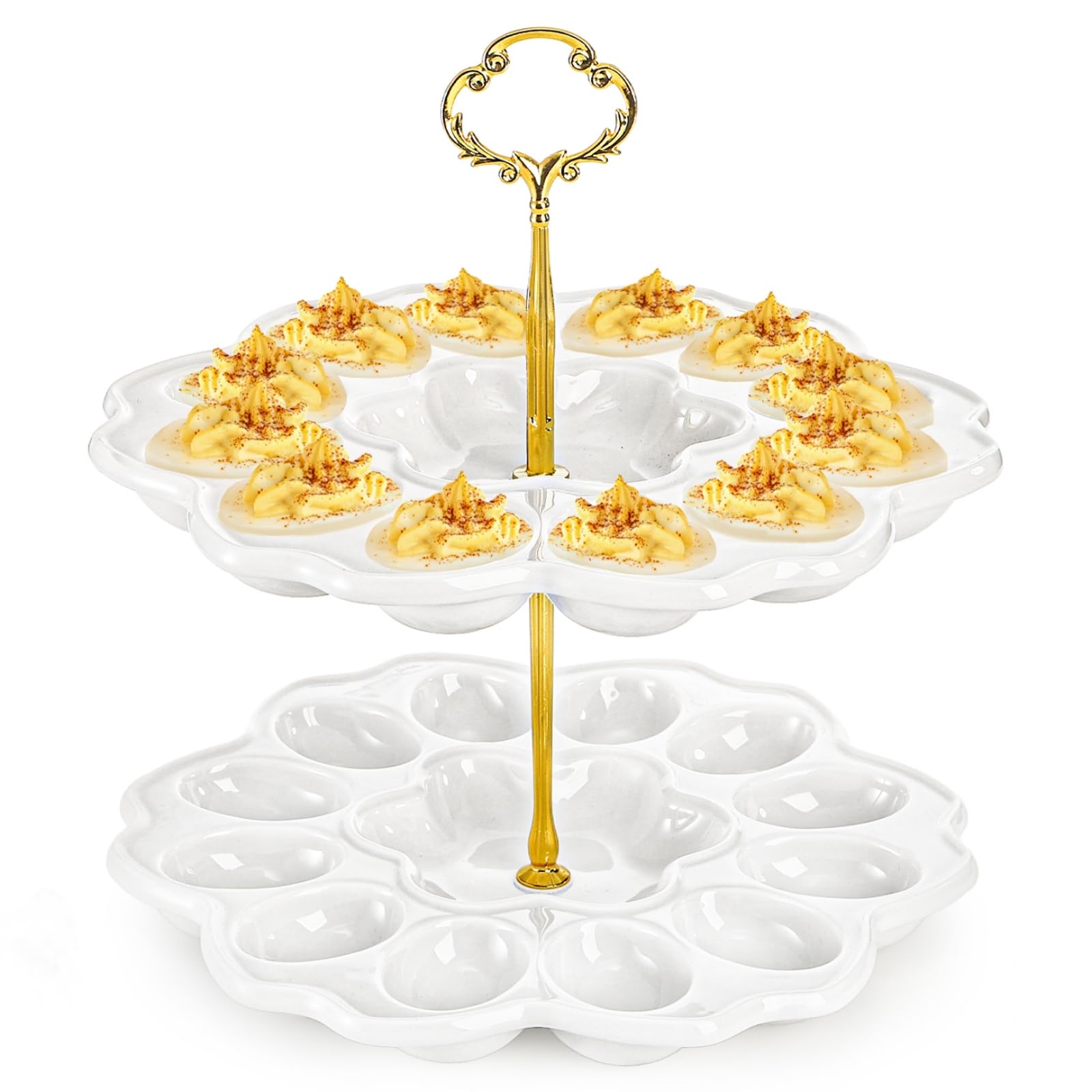 Photo 1 of Peohud 2 Tier Deviled Egg Platter, 24 Holes Deviled Egg Tray Container, Detachable Ceramic Easter Egg Holder for Kitchen Countertop, Party, Microwave Dishwasher Freezer Safe