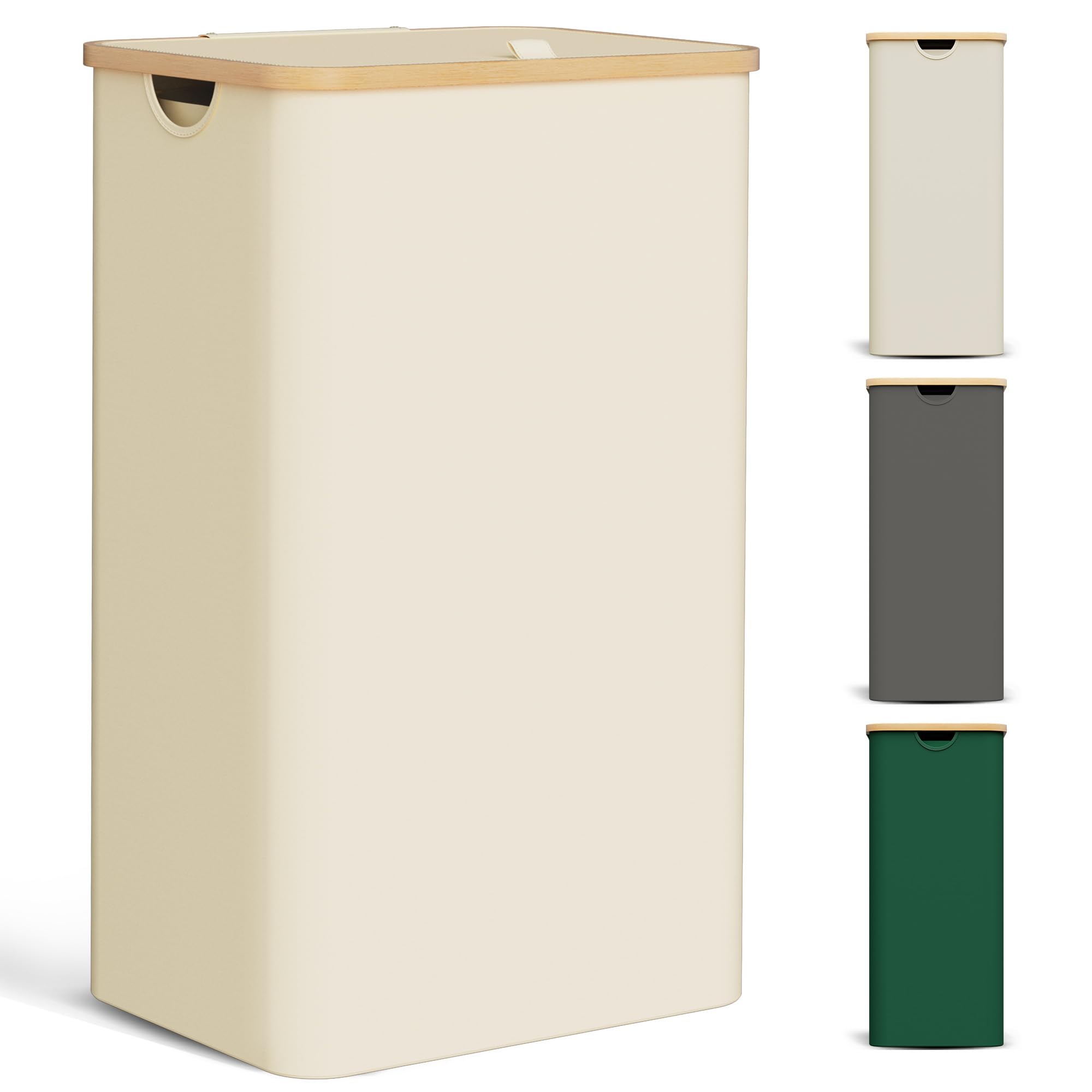 YOUDENOVA Laundry Basket with Lid 85-Litre Large Washing Baskets for Laundry with Laundry Bag Collapsible Laundry Baskets with Handles Laundry Hamper Bamboo Laundry Bin for Bedroom, Bathroom, Beige