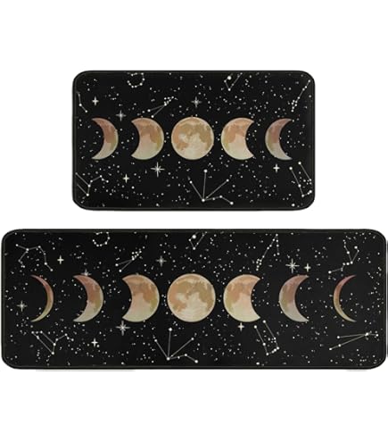 Gothic Black Kitchen Mats For Floor Set Of 2, Moon Phase Witchy Gothic Kitchen Floor Mat Runner Rug Carpet Goth Halloween Black White Home Decor Accessories