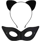 WOVOWOVO Halloween Cat Ears Headband for Women Furry Black Cat Ear Hairband with Cat Mask Cute Cat Ears Headbands for Adults Cosplay Costume Party Hair Accessories