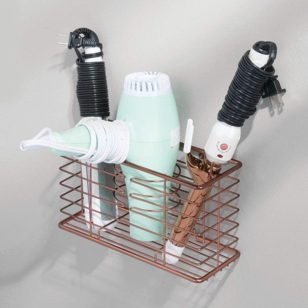 mDesign Bathroom Wall Mount Hair Care & Styling Tool Organizer Storage Basket for Hair Dryer, Flat Iron, Curling Wand, Hair Straighteners, Brushes - Durable Steel Wire in Venetian Bronze Finish: Home & Kitchen