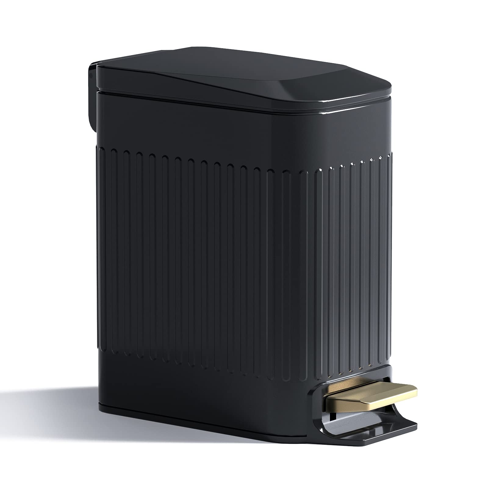 Photo 1 of CEROELDA Small Bathroom Trash Can with Lid Soft Close-5L/1.3 Gal Slim Garbage Can-Metal Step Wastebasket-Rectangle Narrow Waste Bin for Office, Bedroom, Toilet, Live Room (Embossed-Black)