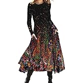 Women's Boho Maxi Dress – Black Top & Geometric Print Skirt, Long Sleeve Casual Evening Party Wedding Guest Dress