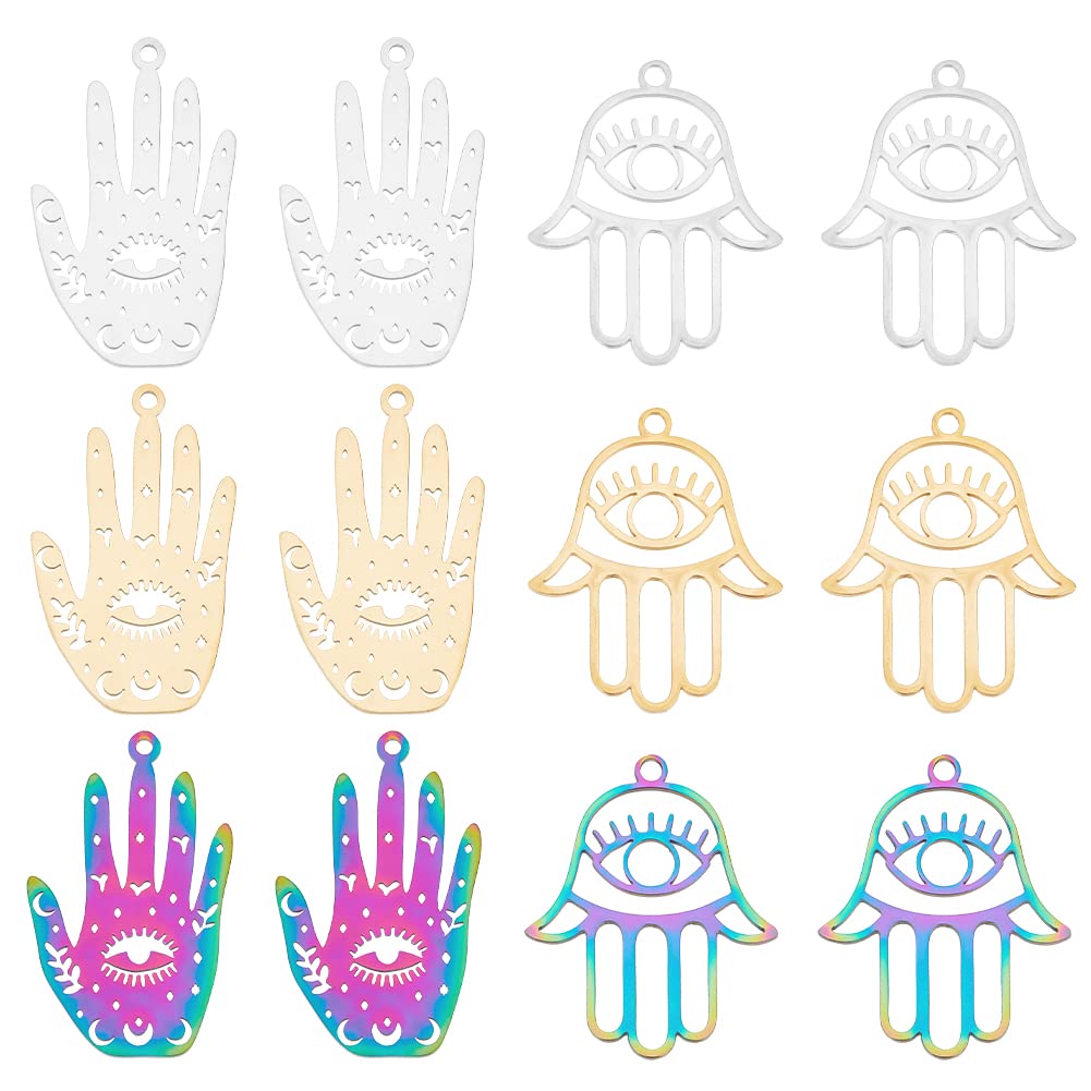 DICOSMETIC 12Pcs 2 Styles Filigree Hand Charms Hollow Hand with Heart Charms Evil Eye Hand Charms Stainless Steel Moon Hamsa Hand Charms Golden Protection Amulet Pendants for Jewelry Making