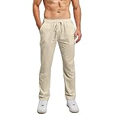 Lanckeli Men's Cotton Linen Pants Summer Beach Yoga Pants with Drawstring, Casual Loose Lightweight Trousers.