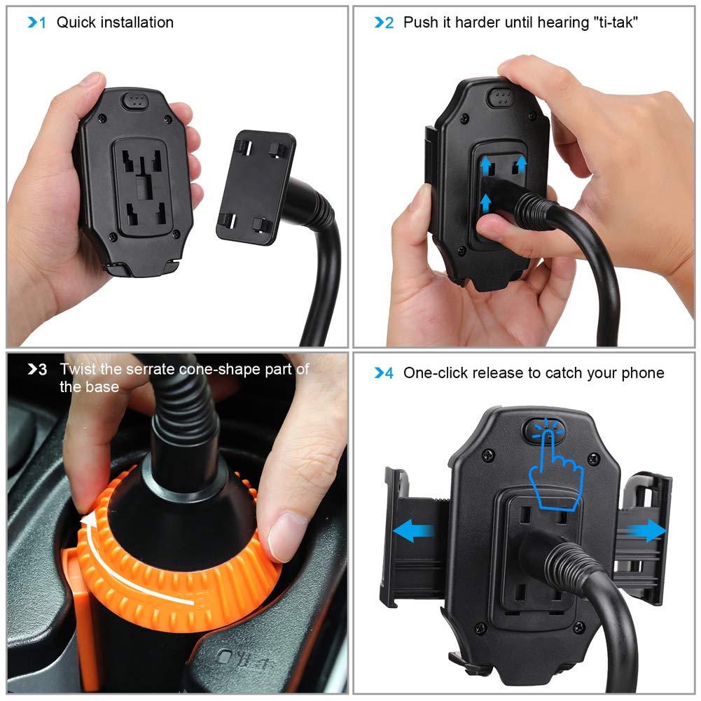 MOTOBA Gooseneck Cup Holder Phone Mount, Adjustable Car Phone Cup Holder for iPhone 11 Pro/XR/XS Max/X/8/7 Plus/6s/Samsung S10+/Note 9/S8 Plus/S7 Edge (Orange)
