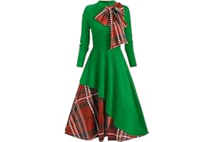 RDEGOOCHA Christmas Party Dress Women Vintage 1950s Long Sleeve Plaid Patchwork Cocktail Swing Madi Retro Prom Dress