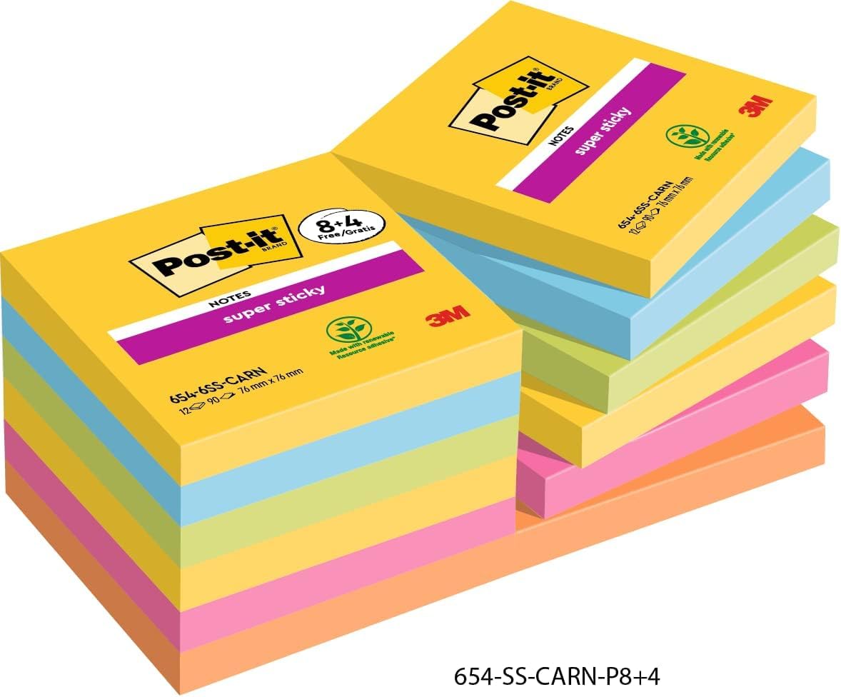 Post-it Super Sticky Notes,1080 Sheets, Value Pack of 8 + 4 Free Pads, 76 mm x 76 mm, Holds Strong to Many Surfaces - Bright Colours - for Walls, Monitors and Fridge, Recycable
