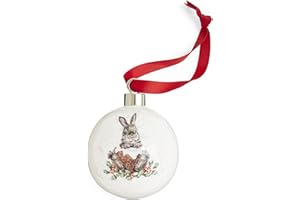 Royal Worcester Merry Christmas Bauble, Wrendale Designs, 2.6 Inch Fine Bone China Christmas Decorations Indoor, Holiday Decoration Christmas Tree Ornament, Festive Bunny Rabbit Bauble with Red Ribbon