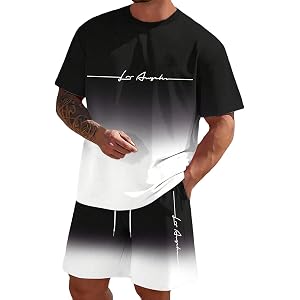 Mens Gradient Short Sets 2 Piece Crewneck Print Tracksuits Short Sleeve Hawaiian T-Shirts & Shorts Sets Summer Jogging Outfit