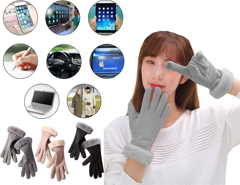 Gants d'hiver pour femme, gants doublés en polaire, gants thermiques doux et chauds, gants de téléphone coupe-vent pour femme conduite quotidienne course à pied cyclisme, Gris — photo 5 sur 6