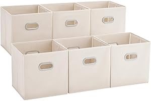 MAX Houser 6 Pack Foldable Fabric Storage Bins with Handles - Ideal for Closet Organization, Bedroom and Nursery（ Beige, 12"x12"x12"）