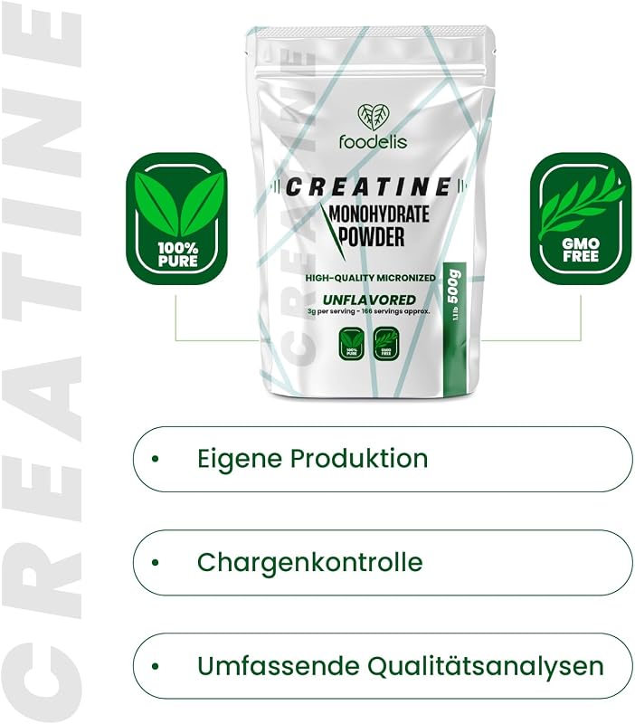 Creatin Pulver 500 g – 100% Kreatin Monohydrat, mikronisiert – Ohne Zusätze – Gut löslich & geschmacklos – Mit Dosierlöffel - Vorrat für 166 Portionen