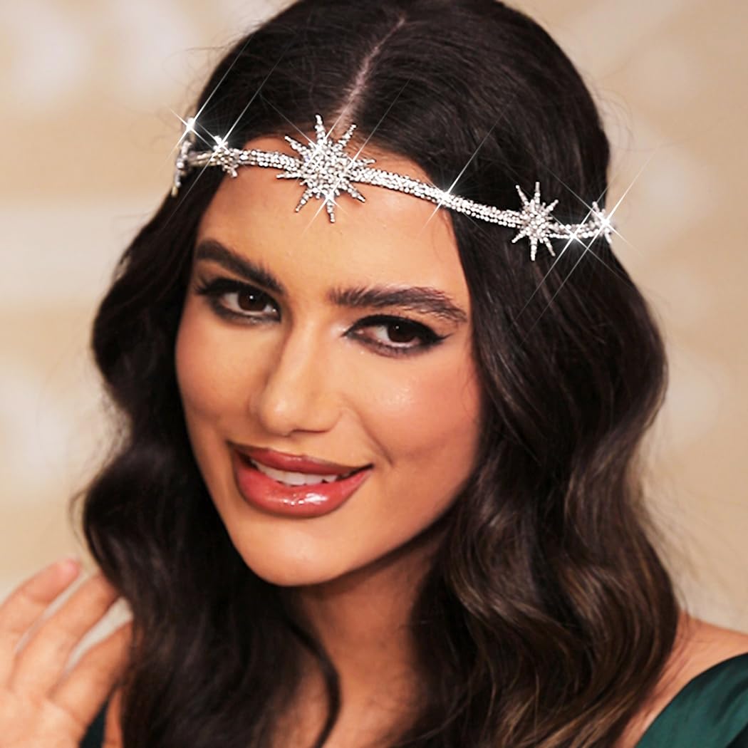 Photo 1 of JEAIRTS Rhinestone Headband Silver Star Hair Band Sparkly Bridal Forehead Crystal Headpiece Prom Rave Hair Accessories for Women