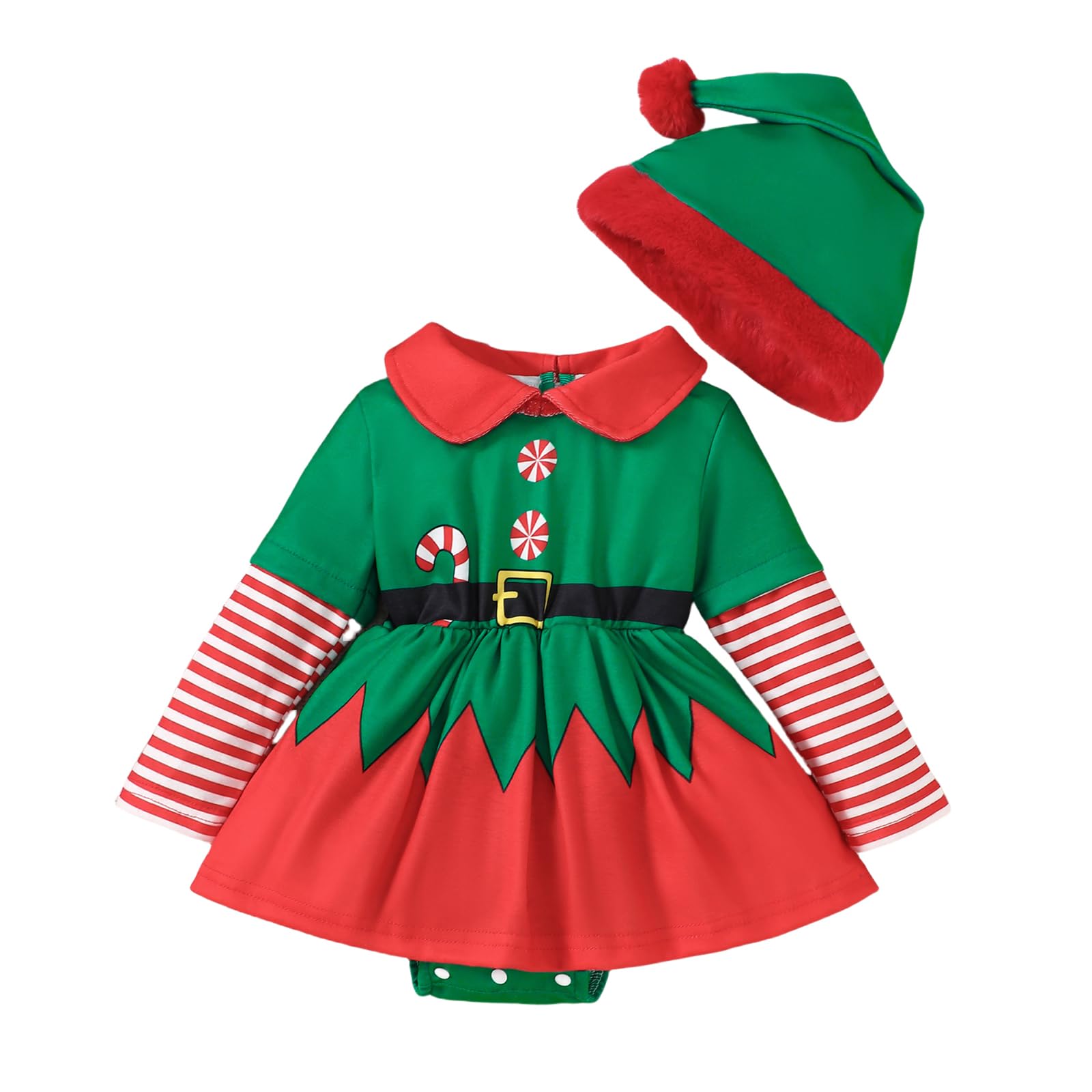Kouoybt Infant Baby Girls First Christmas Outfit Elf Costume Dresses Long Sleeve Striped with Hat Set 2 Pcs Christmas Set (A-Green, 6-12 Months)
