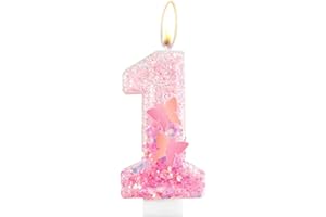 iNINGER Pink Birthday Candle,Butterfly 1st Birthday Decorations for Girls,Birthday Candles Numbers 1,1 Birthday Candle,Pink Happy Birthday Numeral Candle Wedding Cake Topper Anniversary Party Decor