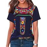 Womens Mexican Embroidered Tops Short Sleeve Fiesta Shirts Floral Peasant Blouses