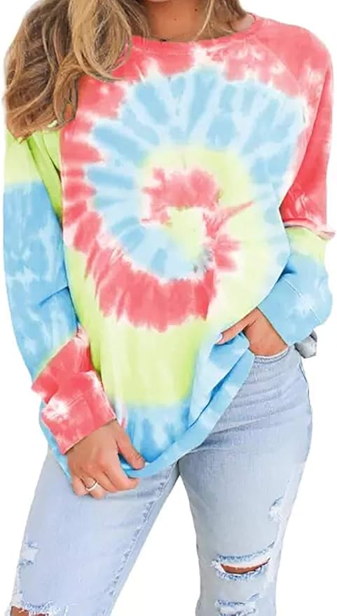 Womens Tie Dye Printed Sweatshirts Long Sleeve Round Neck Casual Pullover Tops Sweatshirt at 