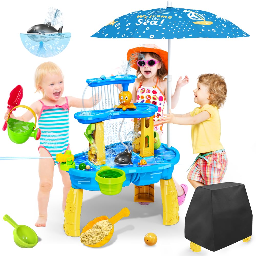 Photo 1 of VATOS 3-Tier Sand Water Table Toys for Kids with Water Pumb & Umbrella, Kids Splash Water Play Table Toys for Outside Outdoor Backyard, Toddler Sensory Water Table for Toddlers Boys Girls