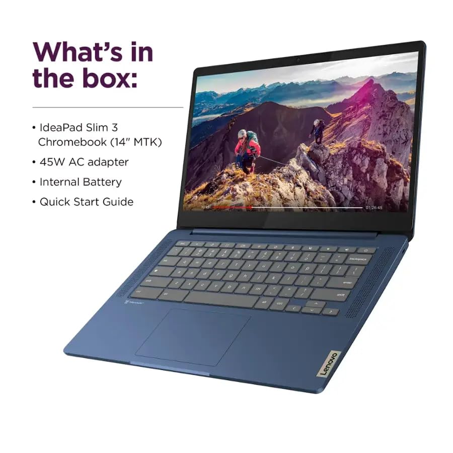 Lenovo IdeaPad Slim 3 Chromebook Laptop para estudiantes - Pantalla táctil FHD de 14'', MediaTek Kompanio 520 de 8 núcleos, liviano, 4 GB de RAM, 64 GB eMMC y tarjeta Micro SD de 256 GB, Wi-Fi 6, Chome OS, con accesorios