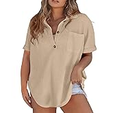 Eytino Plus Size Button Down Shirts for Women Casual Waffle Knit Tops Short Sleeve V Neck Dreesy Blouse Tunic(1X-5X)
