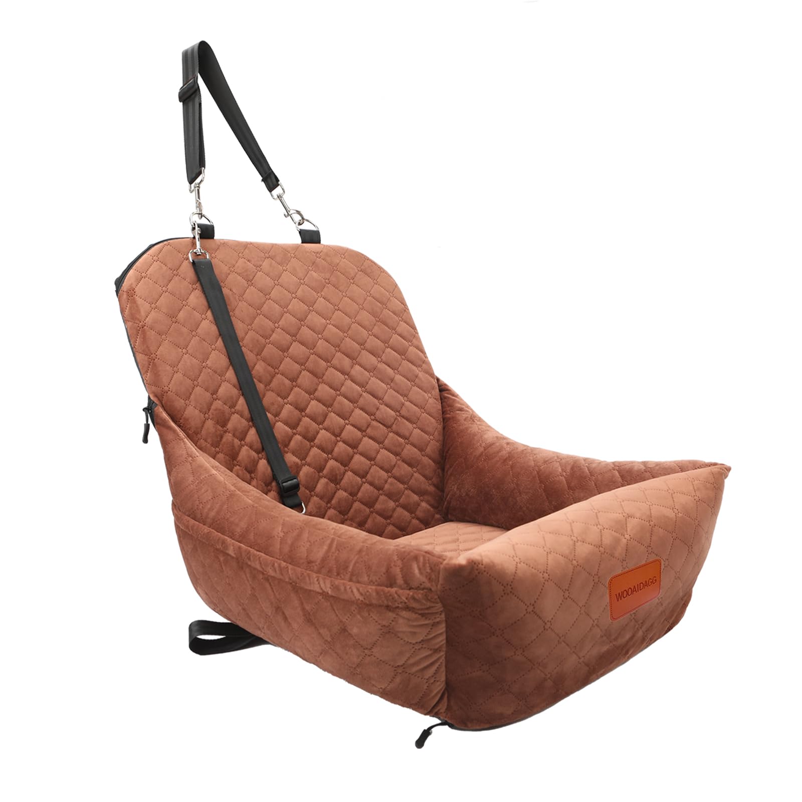Photo 1 of Wooaidagg Dog Car Seat for Small Dogs,Covered Soft Fabric and Fill in Memory Foam,Easy to Assemble and Fully Detachable,2 Clip-On Safety Leashes and Storage Pockets(Brown)