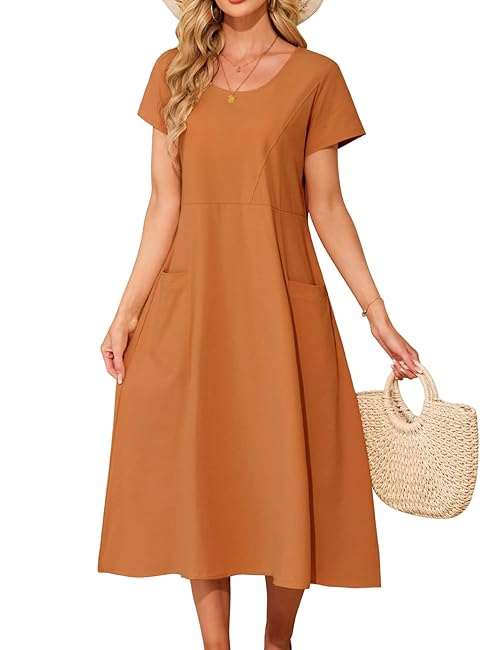 Niwicee Women Summer Maxi Dress Casual Short Sleeve Crew Neck Dresses Ladies Cotton Solid Color Loose Flowy Dresses with Pockets for Daily Beach Holidays (Orange, S)