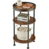 ZEXVIDA Small Round Side Table with Tray Top, Rustic Brown | Patented Design, 11.8" Narrow End Table for Small Spaces, 3-Tier Industrial Accent Table for Living Room Bedroom Nightstand