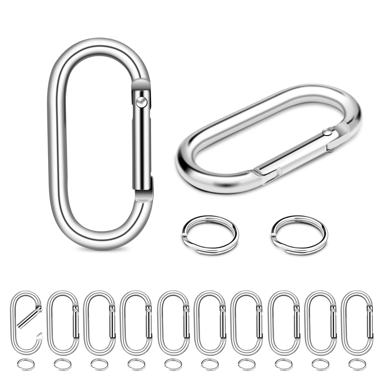 Photo 1 of 12Sets 2 Inch Large Carabiner Clips, Aluminum Spring Oval Keyrings with Flat O-Rings for Hanging Keychain Dog Tags Backpack Accessories (Silver)