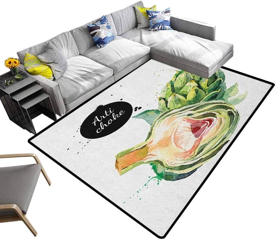 Artichoke Indoor Area Rug Going Green Vegetable Food Eating Health Hand Drawn Watercolor Rug for Living Room,Kids Room,Bedroom Fern Green and Dried Rose (6'6"x10')