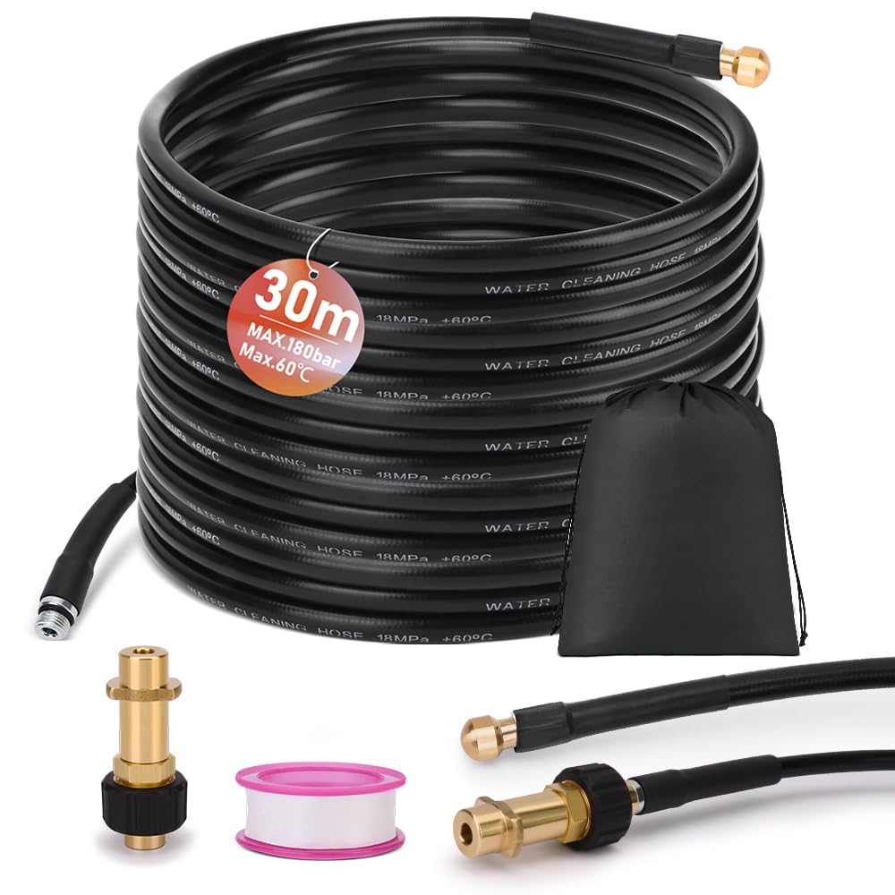 30 m pipe cleaning hose set for K2 K3 K4 K5 K6 K7, 180 bar 60 °C pipe cleaning set, including bag, rigid nozzles, drain cleaner, hose, drain hose for pressure washers