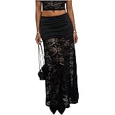 GORGLITTER Women's Lace Pencil Maxi Long Skirts Trendy Y2k Sexy High Waisted Flowy Ruched Rave Concert Going Out Skirts