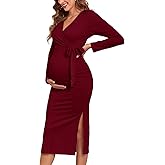 2025 Fall Rib Knit Maternity Nursing Dress Knot Side Long Sleeve V Neck Bodycon Wrap Pregnancy Split Dresses