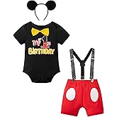 Baby Boys 1st Birthday Outfit Cake Smash Bowtie Romper + Shorts + Suspenders + Hat Clothes Set for Photo Shoot
