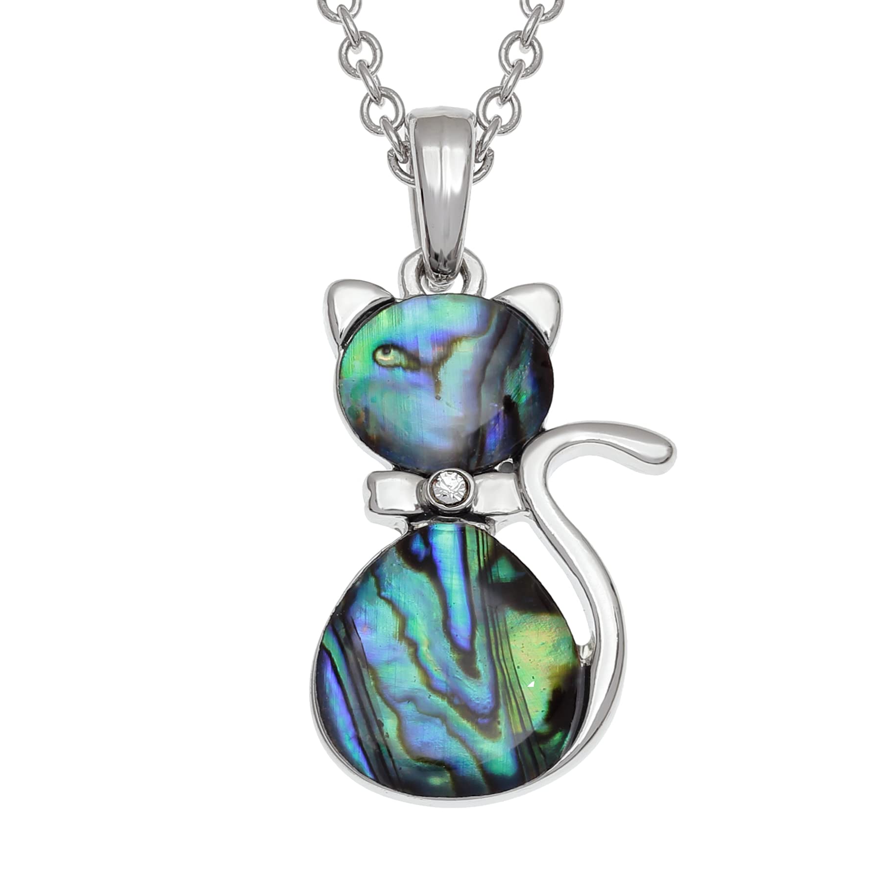 Kiara Jewellery Cute Cat Pendant Necklace Inlaid With Natural greenish blue Paua Abalone Shell with glass stone inset collar on 18" Trace Chain.
