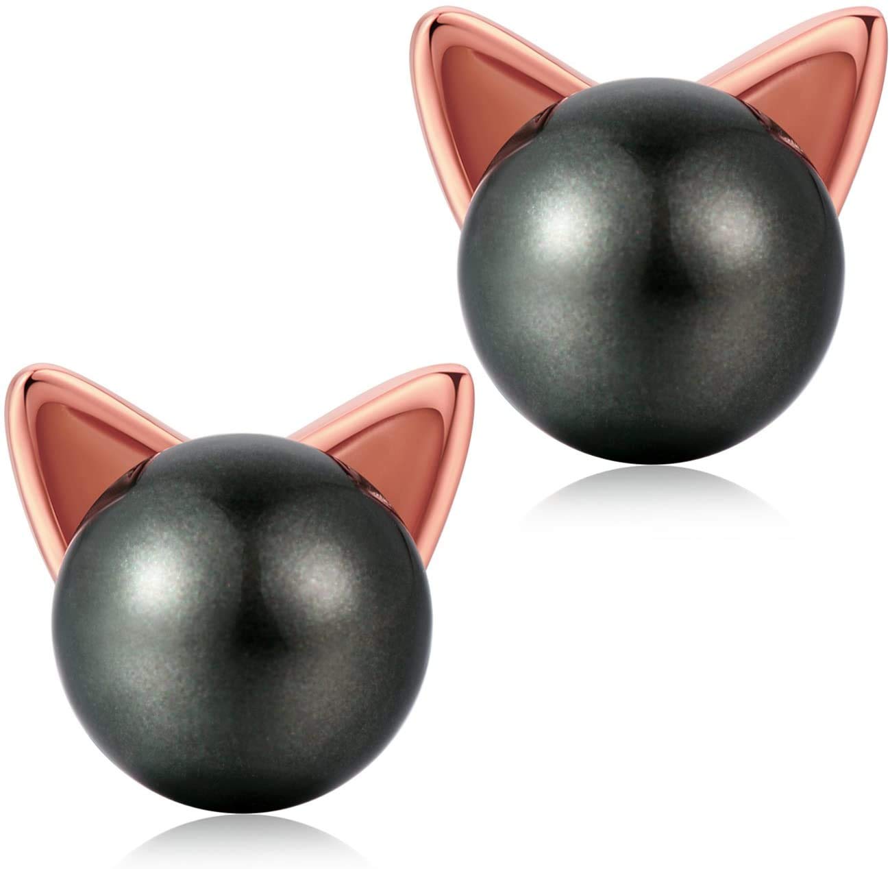 Jiahanzb Cat Black Pearl Stud Earrings 925 Sterling Silver Earring Jewellery for Women Rose Gold 7 mm