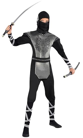 Fancy Ole - Jungen Boy Ninja Kostüm, Karneval, Fasching, Halloween, Schwarz, Größe 164-176, 14-16 Jahre