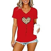VERYNEAT Valentine Day V-Neck T-Shirt for Women Cute Leopard & Multi-Heart Tees Casual Soft Love Theme Tops