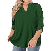 AMCLOS Womens Plus Size Tops V Neck T-Shirts Blouses Casual Soft Flowy Tunic Long Roll Tab Sleeves with Buttons